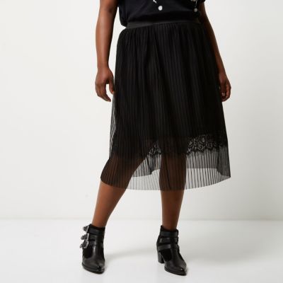 Plus black pleated lace trim midi skirt